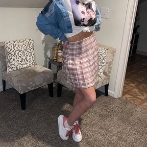 Pink Plaid Pleated Skirt